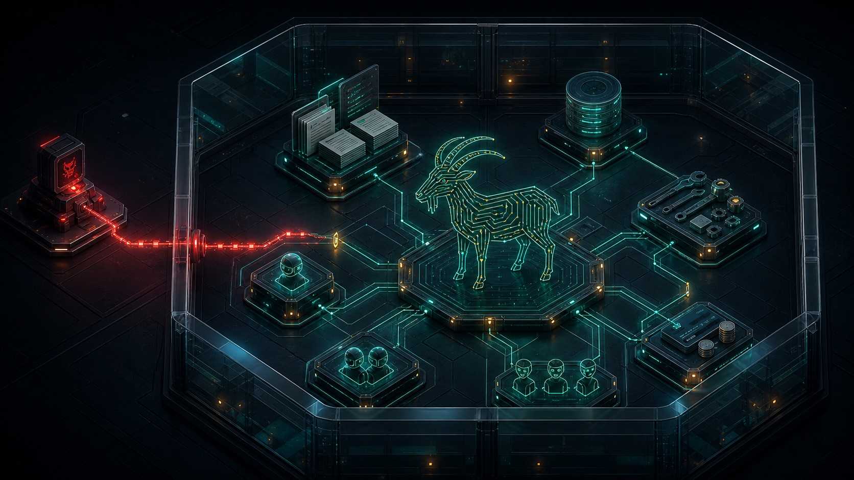 An isolated agentic AI security laboratory with a circuit-shaped goat, connected tools, memory, documents, and a controlled attacker service.